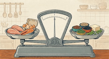 Ilustración de una balanza de cocina. Un plato contiene pollo, salmón y huevos; el otro, legumbres, tofu y edamame, mostrando un equilibrio