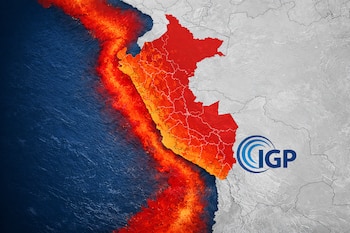 Mapa de Perú y parte de Sudamérica con la zona costera y la placa del Pacífico en rojo y naranja intenso sobre un mar azul profundo. Incluye el logo del IGP.