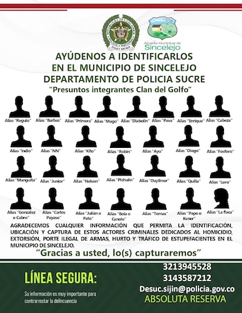 Los 35 incluidos en el cartel están señalados como responsables de homicidios, extorsión y tráfico de estupefacientes, según reportes oficiales - crédito Policía de Sincelejo