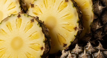 Varias rodajas de piña fresca con pulpa amarilla y cáscara oscura se aprecian en primer plano y con gotas de agua.