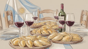 Una ilustración de una mesa con varios platos de empanadas, copas con vino tinto, una botella de vino y la bandera de Argentina.