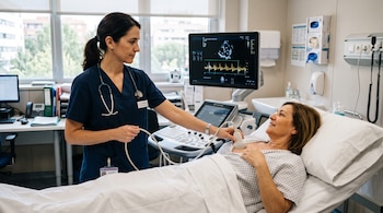 Una médica con estetoscopio sostiene un transductor sobre el pecho de una mujer recostada junto a un monitor que muestra ecografías cardíacas.