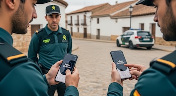 Dos guardias civiles uniformados miran pantallas de móviles con la app InBox Defense. Un tercer agente y un coche patrulla aparecen desenfocados detrás.