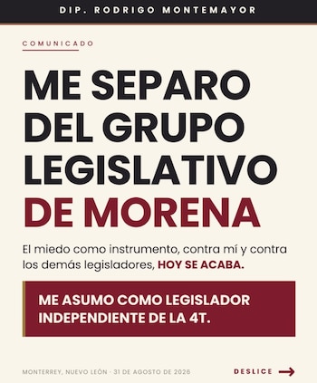 Esta es la carta del diputado Rodrigo Montemayor con la que renunció a Morena.
Crédito: X / @RodrigoMontema