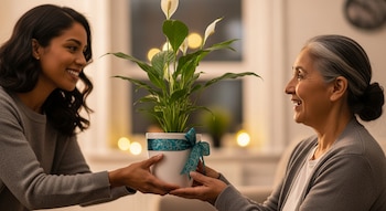 Una mujer mestiza joven entrega una planta de lirio de la paz en maceta blanca con lazo turquesa a una mujer mestiza mayor, sonriendo mutuamente en interior.