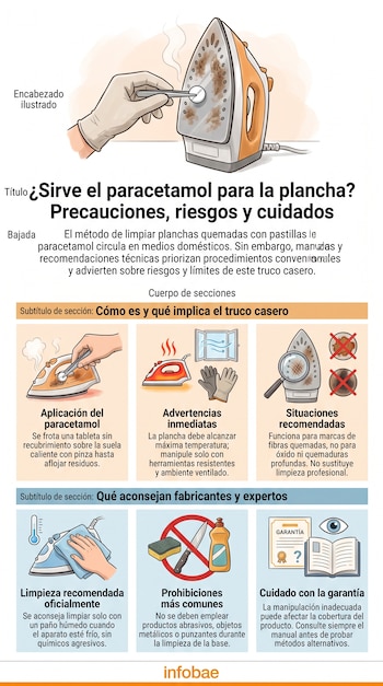 Infografía con mano enguantada aplicando pastilla sobre plancha sucia, texto informativo sobre uso de paracetamol, íconos de seguridad, limpieza y garantía.