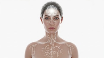 Figura femenina con esquema cerebral y red de nervios trazados en blanco desde la cabeza, bajando por la cara, cuello y hombros, sobre fondo blanco.