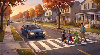 Ilustración de un auto frente a un paso de cebra donde cruzan tres niños con disfraces y un adulto en una calle con casas y hojas secas.