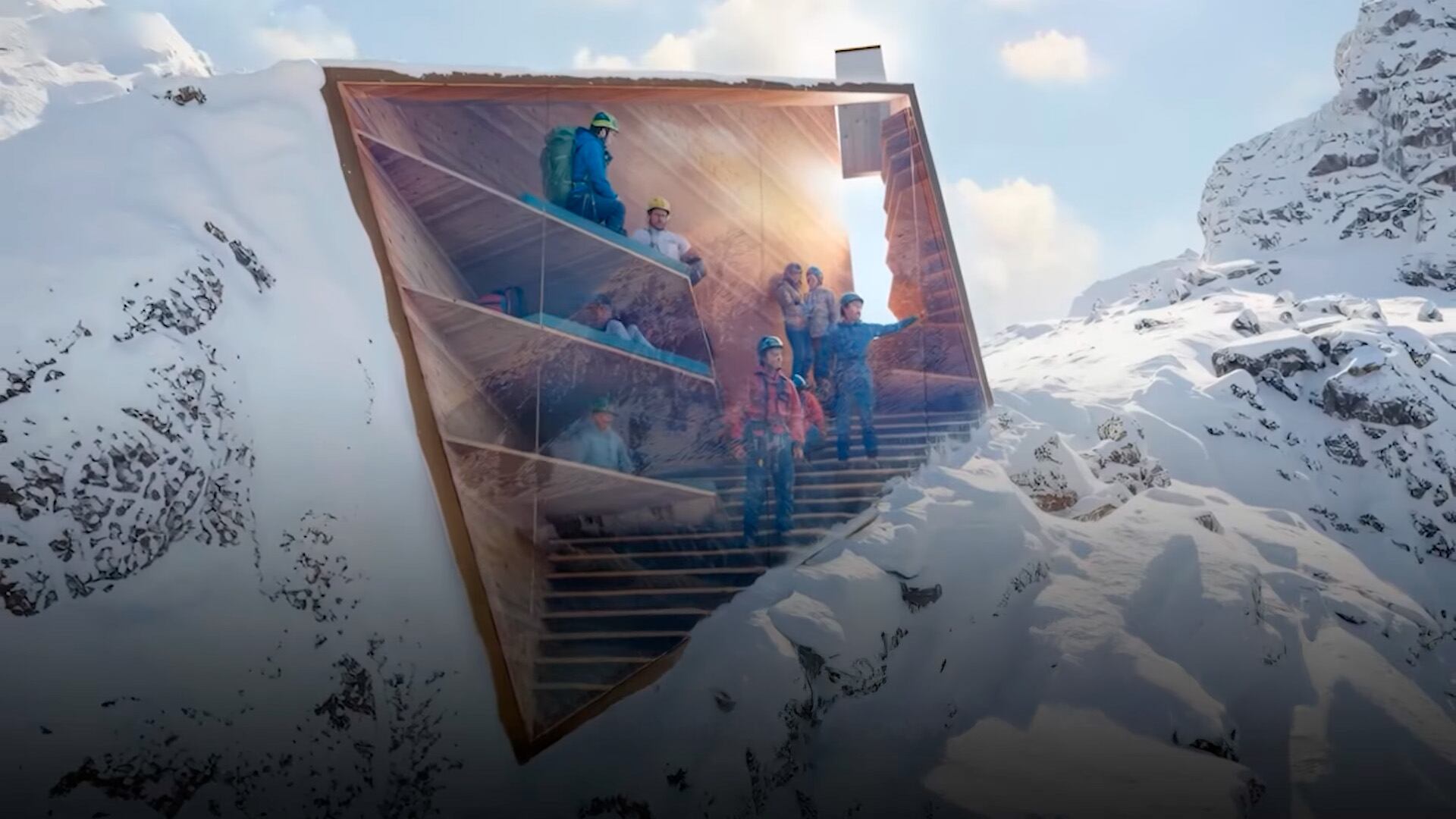 El diseño de la cabaña se inspira en la arquitectura de Milán y se mimetiza con las formaciones rocosas de los Alpes