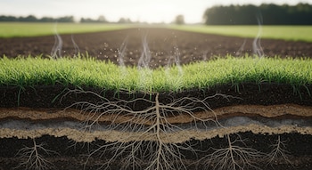 Primer plano hiperrealista de suelo agrícola en corte con capas de tierra, raíces de pasto visibles y materia orgánica, sobre un fondo de campo rural desenfocado.