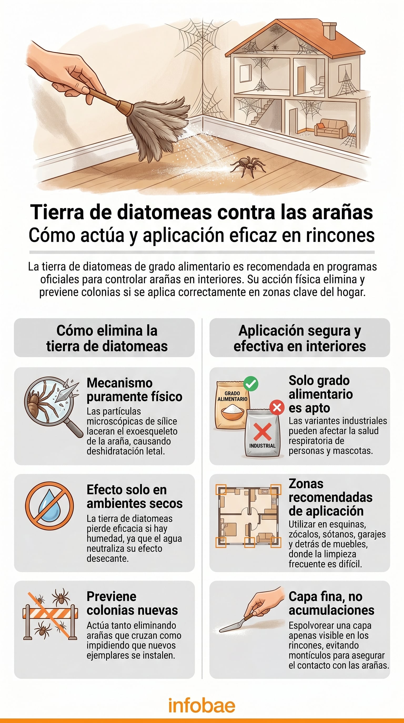 Ilustración detallada sobre el uso de tierra de diatomeas para eliminar arañas, mostrando su mecanismo físico y aplicación segura en interiores para prevenir plagas. (Imagen Ilustrativa Infobae)