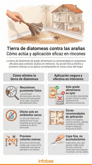 Ilustración de una mano aplicando tierra de diatomeas con un plumero en un rincón. Una araña está en el suelo. Fondo con casa infestada de telarañas y un infográfico.