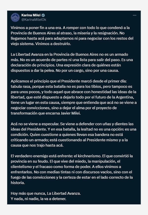El mensaje completo de Karina Milei.