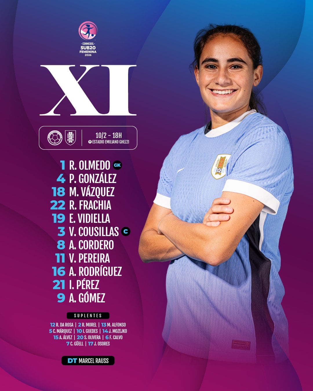 Esta es la alineación de Uruguay para el duelo contra Colombia en el Sudamericano Femenino Sub-20 - crédito @AUFfemenino/X