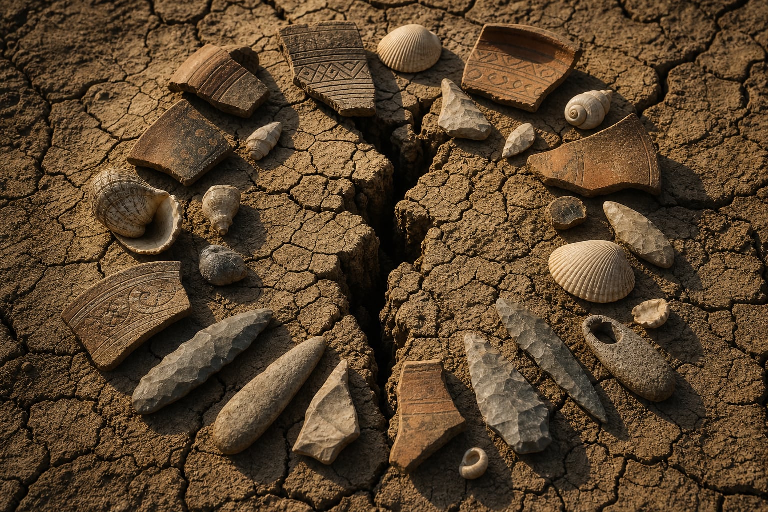 Varios objetos arqueológicos dispuestos en círculo sobre tierra seca rodean una grieta central como metáfora de la adaptación ante la crisis climática. (Imagen Ilustrativa Infobae)