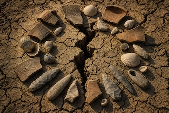 Cerámica antigua, conchas marinas y herramientas de piedra en círculo sobre un suelo seco con una gran grieta en el centro.