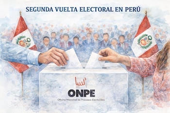 Ilustración en acuarela de dos manos depositando votos en una urna con el logo ONPE, flanqueada por banderas de Perú y una multitud difusa detrás.