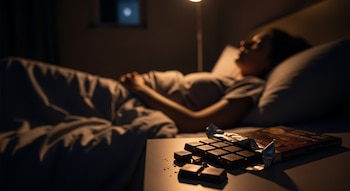 Primer plano de una barra de chocolate rota en la mesita de noche, con una persona recostada en la cama difuminada al fondo bajo luz cálida de una lámpara.
