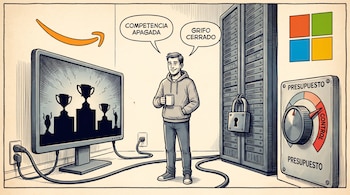 Dibujo de un hombre entre una pantalla con trofeos bajo el logo de Amazon y un servidor con candado y medidor bajo el logo de Microsoft.