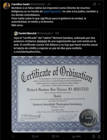 La crítica de Sanín al nombramiento de Richard Gamboa - crédito @SaninPazC/X