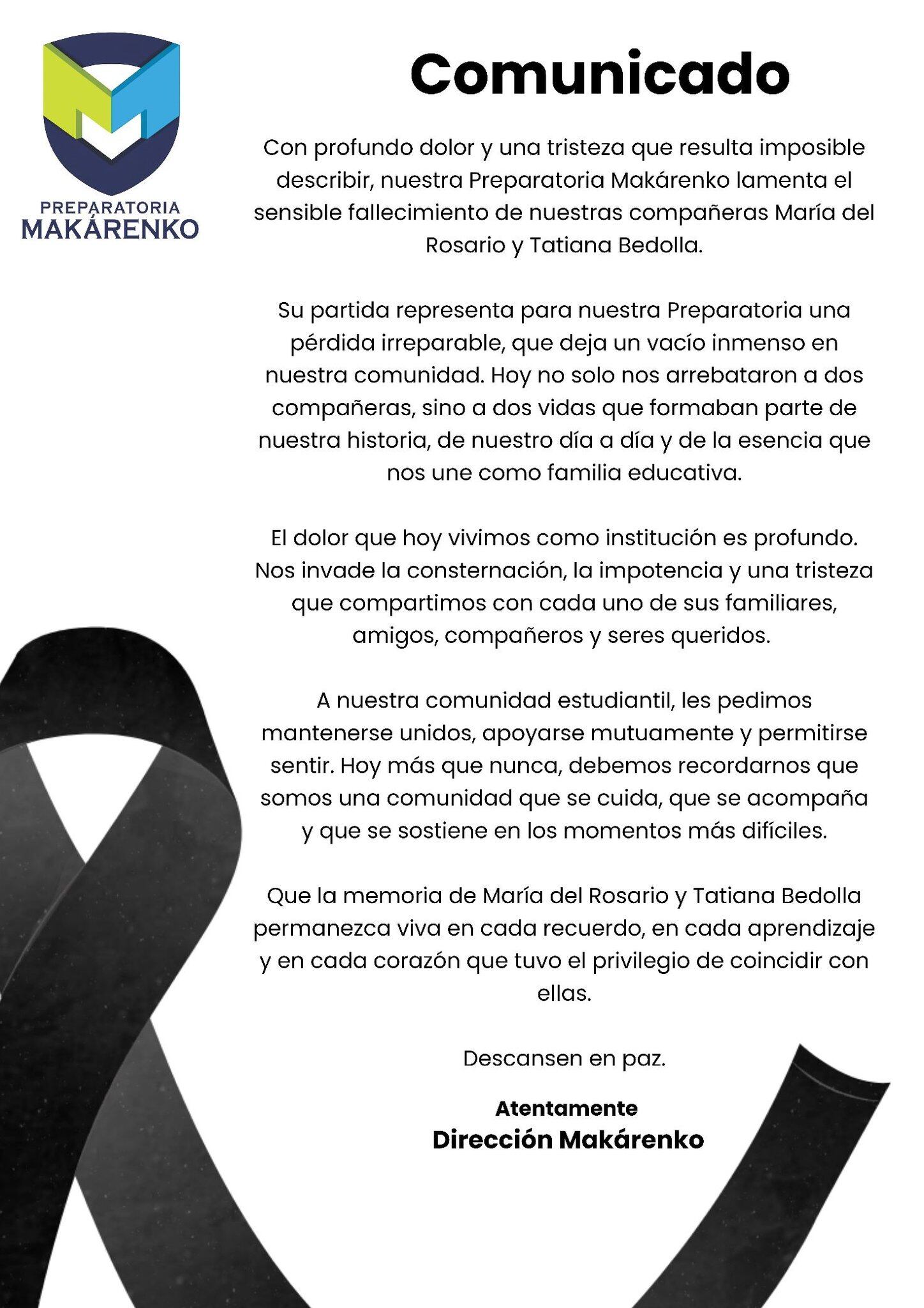 La Preparatoria Makarenko emite un comunicado oficial expresando profundo dolor y lamentando el sensible fallecimiento de sus compañeras María del Rosario y Tatiana Bedolla tras el incidente de un alumno que disparó ((Facebook/Anton.Makarenko.lzc))