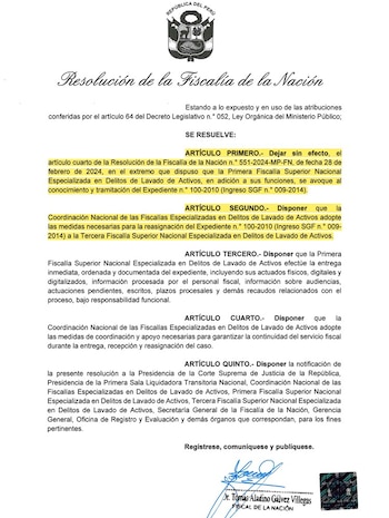 Resolución de la Fiscalía de la Nación de Perú sobre reasignación de caso Sánchez Paredes