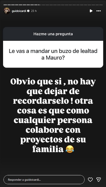 Captura de pantalla de una historia de Instagram en fondo oscuro con texto blanco que muestra una pregunta y una respuesta de Guido Icardi