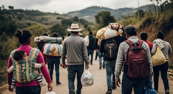Vista trasera de un grupo de personas caminando por un camino de tierra, con una mujer llevando un bebé en un portabebés, cargando sus pertenencias.