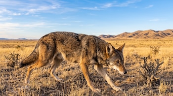 Un lobo rojo camina en un campo de pasto seco con pequeños arbustos espinosos y colinas bajo el cielo azul.