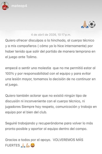 Post de Mateo Puerta en su perfil de Instagram sobre la sustitución en el partido contra Tolima - crédito Instagram