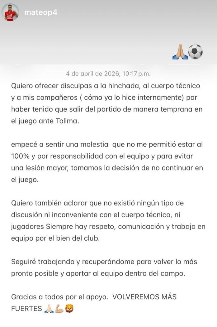 Post de Mateo Puerta en su perfil de Instagram sobre la sustitución en el partido contra Tolima - crédito Instagram