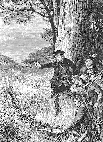Ilustración en blanco y negro: John Silver el Largo, con pipa, señala mientras un grupo de hombres armados busca tesoro; se ven un cráneo y una brújula