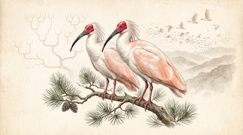Dos ibis crestados sobre una rama de pino, con un diagrama de árbol y una bandada de aves volando sobre montañas en el fondo.