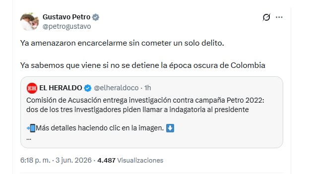 El presidente Gustavo Petro rechazó solicitud de dos investigadores de la Comisión de Investigación y Acusación de abrir una investigación formal en su contra por presuntas irregularidades en la financiación de su campaña - crédito @petrogustavo/X