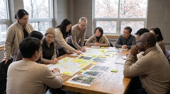 Un grupo de personas sentadas alrededor de una mesa de madera. Sobre ella hay mapas de barrio, marcadores de colores, fotos de árboles y notas adhesivas.