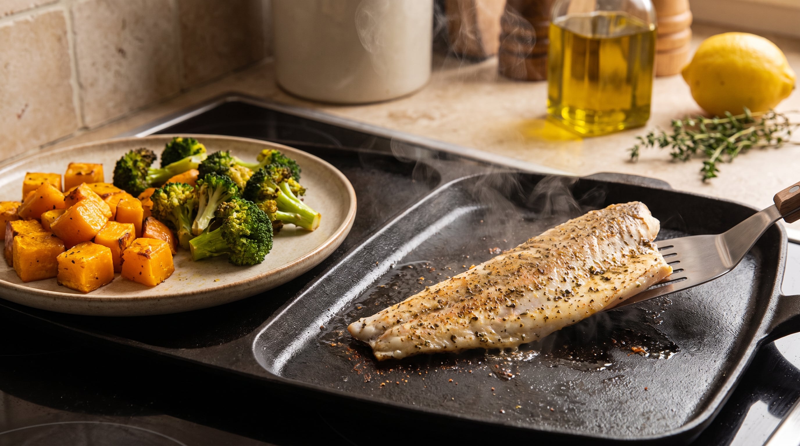Un filete de merluza se cocina a la plancha en una sartén de hierro fundido, mientras calabaza y brócoli asados se presentan en un plato. (Imagen Ilustrativa Infobae)