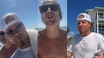 Un collage de tres paneles muestra a tres hombres. El primero con gorra y gafas, el segundo sin camisa hablando, y el tercero con gorra y camiseta junto a una casa