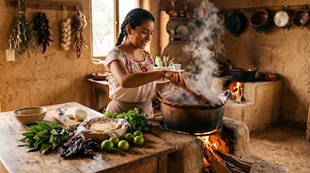 Una mujer revuelve una olla de barro sobre fuego de leña junto a una mesa con cebolla, chiles secos, limones, tortillas y cilantro.