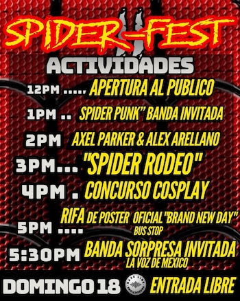 Cartel con fondo de red roja y texto que detalla el horario de actividades, presentaciones musicales, concursos y rifas del evento Spider-Fest II