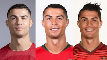 Las fotos oficiales de Cristiano Ronaldo en las Copas del Mundo de Qatar 2022, Rusia 2018 y Brasil 2014 respectivamente - crédito FIFA