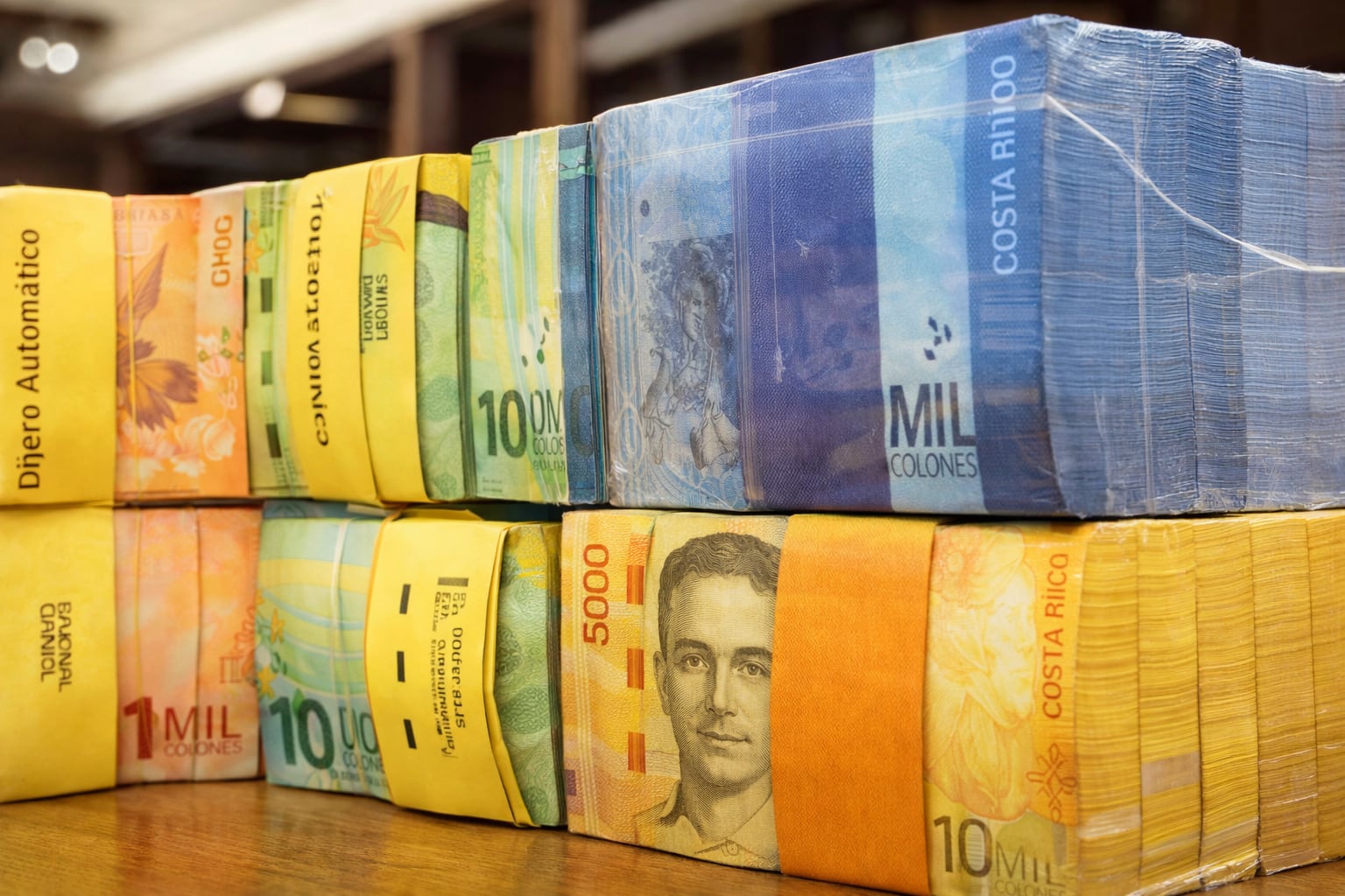 Grandes fajos de billetes de colones costarricenses, incluyendo denominaciones de 1000, 5000 y 10000, se observan cuidadosamente apilados, representando el flujo monetario de la nación. (Imagen Ilustrativa Infobae)
