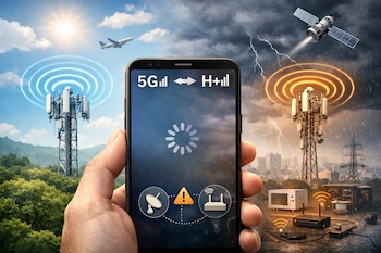 Una mano sostiene un celular que muestra el cambio de 5G a H+, con torres celulares, un avión, un satélite, tormenta, sol y dispositivos electrónicos.