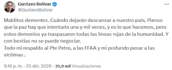 “Con bestias no se puede negociar”: Gustavo Bolívar respaldó a Gustavo Petro y rechazó atentado en Cajibío - crédito @GustavoBolivar/X