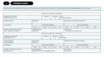 Un formulario en blanco y negro con la sección de experiencia laboral, compuesto por tablas con texto, fechas y casillas marcadas