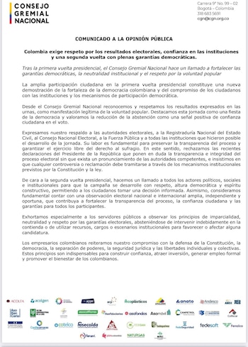 El Consejo Gremial Nacional difundió un comunicado en el que exigió garantías democráticas y confianza en las instituciones electorales para la segunda vuelta - crédito @ConsejoGremial/X