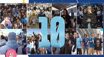 Collage de múltiples videos: grupos de personas, atuendos azules y blancos, confeti, gran número diez azul, texto #CumpleLEO y emblema rosa en esquina inferior izquierda.