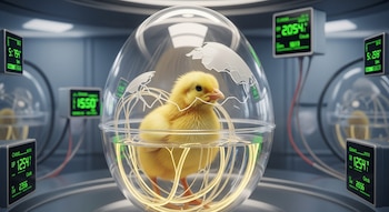 Un pollito amarillo dentro de un recipiente transparente en forma de huevo con líquido y tubos, rodeado de pantallas digitales con datos en verde en un laboratorio.