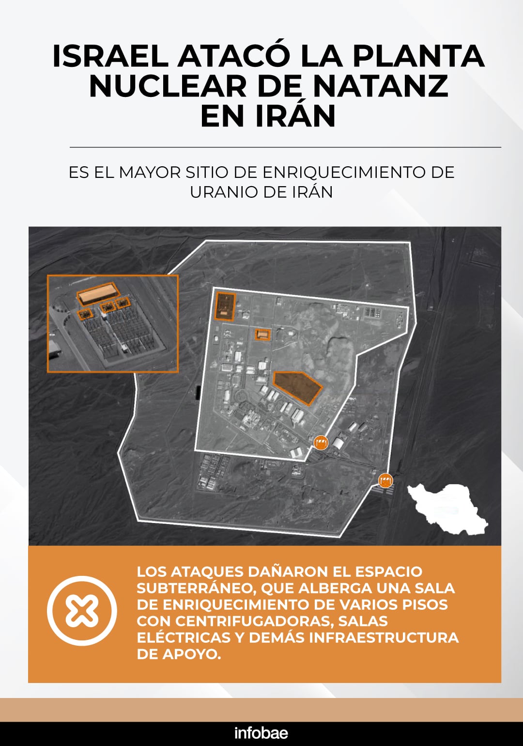 Infografía que muestra la ubicación y los ataques de Israel contra la planta nuclear de Natanz en Iran. Diseño: Cristian Mendez