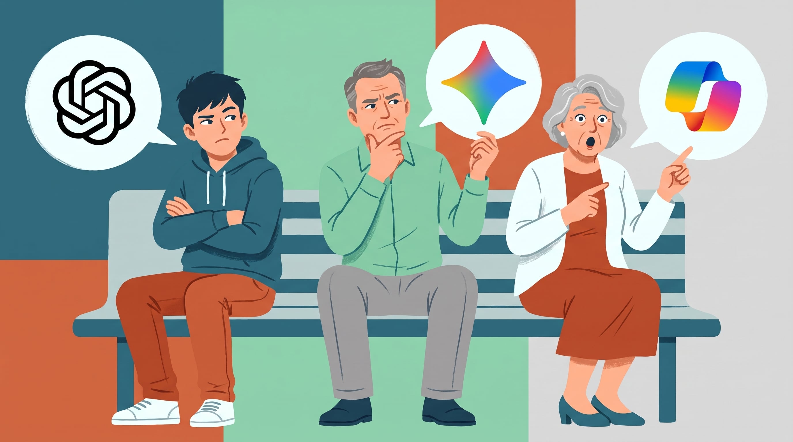 Las nuevas generaciones lideran el uso de chatbots de inteligencia artificial como ChatGPT, Gemini y Copilot, pero también encabezan el escepticismo y la preocupación por su impacto social y la falta de regulación. Ilustración conceptual con logos oficiales. (Imagen Ilustrativa Infobae)