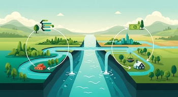 Ilustración conceptual: paisaje dividido por cuenca hídrica con sectores naturales y urbanos conectados por flujos de agua, simbolizando equilibrio ambiental y desarrollo.